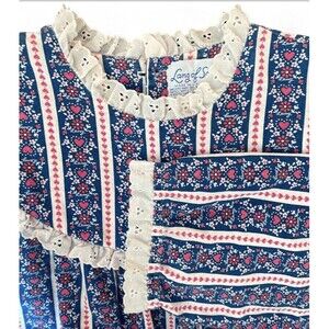Vintage LANZ Of Salzburg Nightgown XL Blue + Red Hearts Cotton Flannel 50” Chest